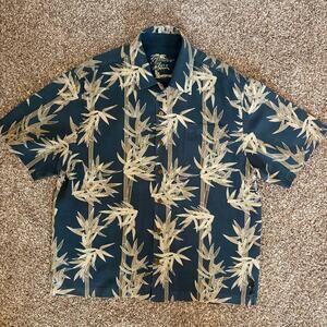 Jamaican Jaxx Silk Hawaiian Print Shirt Blue Bamboo Camp Collar Tropical Aloha